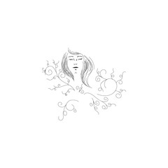 Girl with streaming hair and flowers, linen hand drawn vector illustration for coloring book