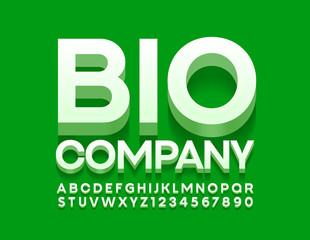Vector modern sign Bio Company. 3D Uppercase Font. White Alphabet Letters and Numbers