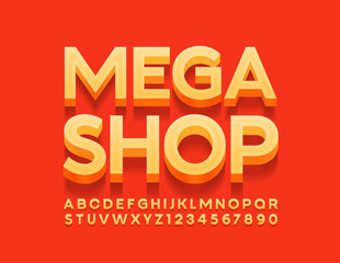 Vector colorful logo Mega Shop with 3D Font. Stylish Alphabet Letters and Numbers.