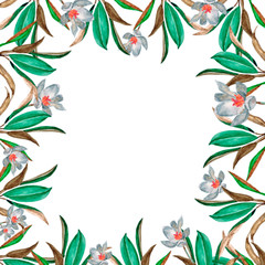 Fototapeta na wymiar Watercolor composition (designer frame) of isolated watercolor elements (magnolia flowers, leaves) on a white background. For the design of wedding invitations
