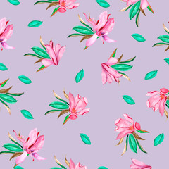 Watercolor illustration. Botanical pattern of isolated floral watercolor elements on a lilac background. Illustration for wedding designs, wallpapers