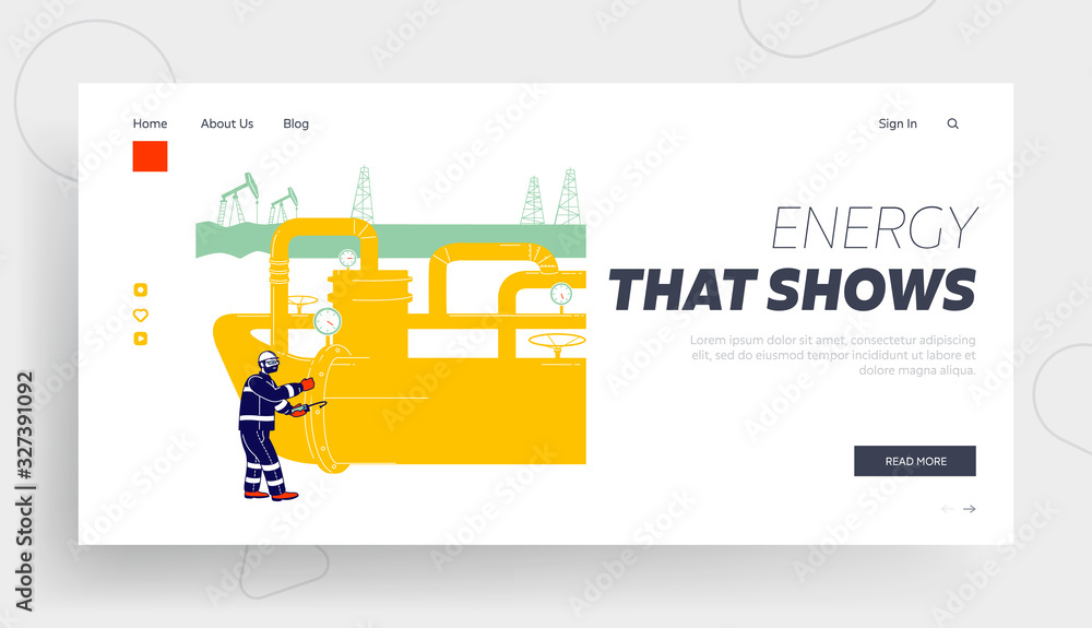 Poster pipeline operator check and inspect oil pump website landing page. worker with equipment work in gas