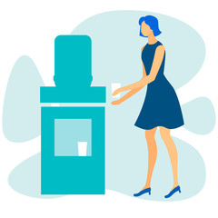 Female Office Worker Pouring Water in Plastic Cup from Cooler. Cartoon Faceless Woman Character in Dress Standing at Dispenser and Drink. Break Time and Pause at Work. Flat Vector Cutout Illustration