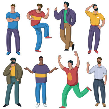 Set of vector men characters performing various activities. Group of people characters flat design style cartoon characters isolated on white background.