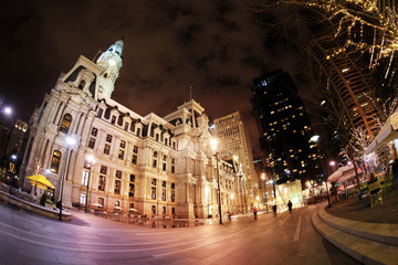 Wide angle view of city hall of Philadelphia at night, illuminated square, Pennsylvania USA
