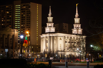 Philadelphia Pennsylvania Temple of latter-day Saints on Benjamin Franklin parkway at night