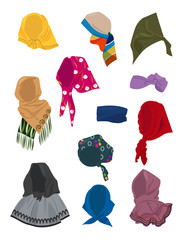 Set of women's kerchiefs, warm and lightweight, different models, isolated on white backgroud