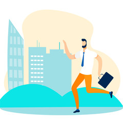 Office Worker Hurry to Work Running Down City Street. Executive Manager Wearing Formal Suit with Briefcase Rushing. Project Deadline, Time Management, Schedule. Vector Flat Cartoon Illustration