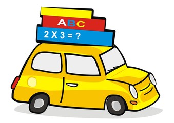 yellow car and books, vector icon