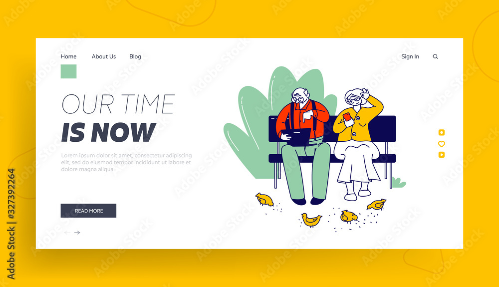 Poster smart technology for retired website landing page. seniors sitting on bench using digital devices. a