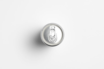 Aluminum silver Soda Can Mock-up isolated on light gray background.High resolution photo.Top view.