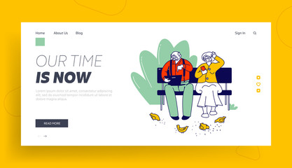 Obraz na płótnie Canvas Smart Technology for Retired Website Landing Page. Seniors Sitting on Bench Using Digital Devices. Aged Man with Laptop, Old Lady with Mobile Web Page Banner. Cartoon Flat Vector Illustration Line Art
