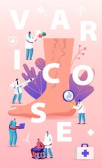 Fototapeta na wymiar Varicose Treatment Concept. Tiny Doctor Characters with Medical Instruments and Drugs around of Huge Foot with Diseased Veins, Health Care Poster Banner Flyer Brochure Cartoon Flat Vector Illustration