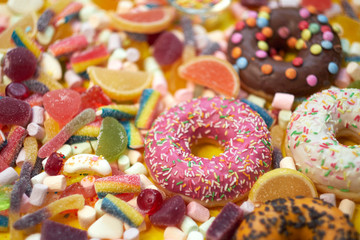 A lot of colorful candy. Tasty appetizing Party Accessories Happy Birthday Sweet Treat Swirl Candy...