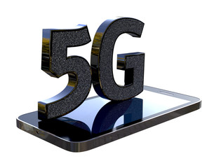 Mobile telephone on white bacground with symbol 5g
