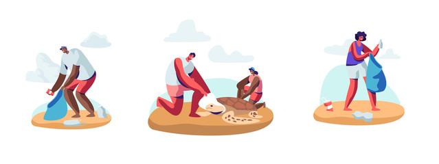 Set of Volunteer People Cleaning Garbage on Beach Area and Saving Tortures.Volunteering, Men and Women Collecting Trash on Coastal Line or Seaside. Social Charity Cartoon Flat Vector Illustration
