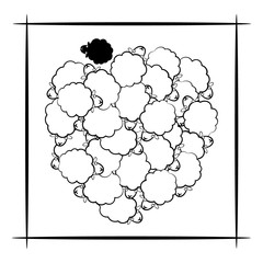 Black and white top view illustration of 27 cartoon sheep inside a fence. Counting and/or coloring task for children and adults. Also concept of being different and unique.