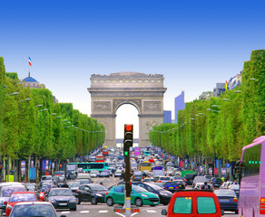 Traffic jam with cars in Paris city, France. view of Arc de Triomphe and Champs Elysees boulevard...