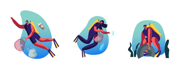 Ecology Protection Icons Set. Divers Collecting Trash into Basket Underwater. Plastic Pollution of Sea with Different Kinds of Garbage. Wastes Floating in Ocean Water. Cartoon Flat Vector Illustration