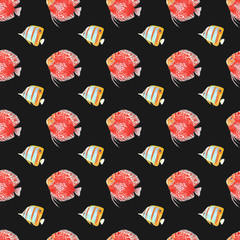 Seamless pattern of discus and butterfly fish. Hand drawing sketch on black background. Watercolor illustration can be used in greeting cards, posters, flyers, banners, logo, further design etc.