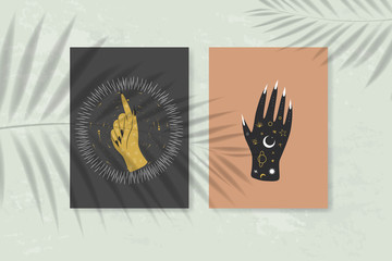 Vintage retro engraving style magic hand silhouette line. spiritualistic session, witch's palm, cult of space and magic. Vector graphics