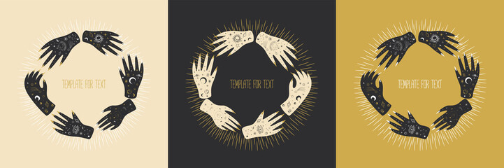 Vintage retro engraving style magic hand silhouette line. spiritualistic session, witch's palm, cult of space and magic. Vector graphics