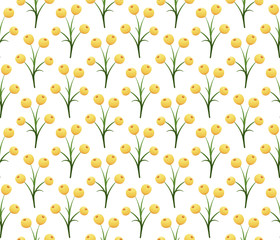Fototapeta na wymiar Spring flowers, leaves and berries seamless pattern in Easter yellow and green on white background