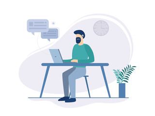 Informational Poster Communication Via Laptop. Man Needs Rest from Communication to Restore Relationships. Flyer Man Spends Time Alone Sitting at Computer at Home. Vector Illustration.