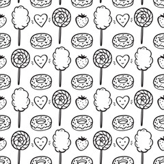 Sweet Food Vector Background. Hand Drawn Doodle Donut, Strawberry, Cotton Candy, Lollipop and Hearts Seamless pattern