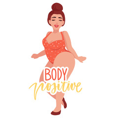 Body positive vector illustration. Happy overweight girl in flat style.