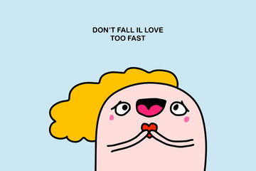 Don't fall in love too fast hand drawn vector illustration in cartoon comic style man happy holding heart symbol
