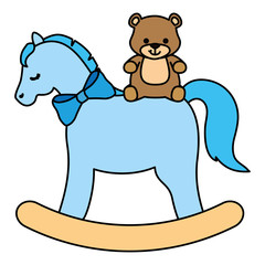 wooden horse toy with teddy bear vector illustration design