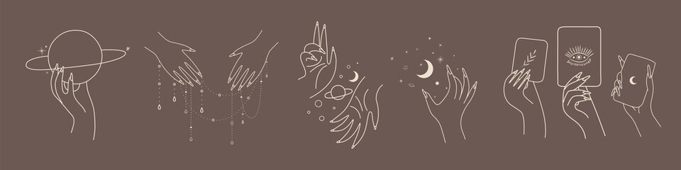 Fototapeta na wymiar linear silhouette of a magic hand, modern trend design. space elements. vector illustration