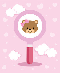 face of cute teddy bear female in magnifying glass vector illustration design