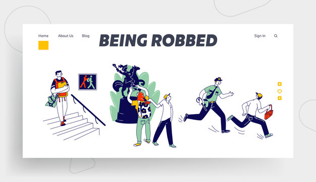 Pickpocket Steal Money from Tourists Website Landing Page. Police Catch Up Thief who Stole Tourist Bag, People in Museum Crime Warning Web Page Banner. Cartoon Flat Vector Illustration, Line Art