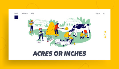 Farmers Working with Cattle Website Landing Page. Feeding Poultry, Domestic Animals, Milking Cow, Shearing Sheep, Prepare Hay for Livestock Web Page Banner. Cartoon Flat Vector Illustration, Line Art