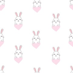 Rabbit holds a huge heart. Pattern.Pink background.For prints, book illustrations, packaging material, textiles.Vector illustration.