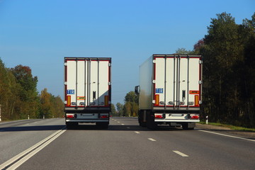 Two beautiful white semi trucks on two lane asphalt highway road rear view at Sunny summer day against the blue sky and trees on roadsides, fast international cargo logistics