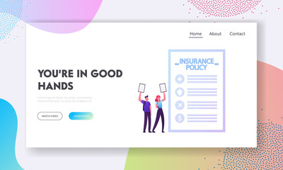 Compensation for Accident and Danger Life Situation Website Landing Page. Happy Characters Hold Signed Insurance Policy Contract. Emergency Help Web Page Banner. Cartoon Flat Vector Illustration