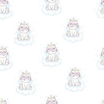 Cute seamless pattern with white cat in a unicorn costume with wings and rainbow horn. It can be used for packaging, wrapping paper, textile and etc. © Vladimir