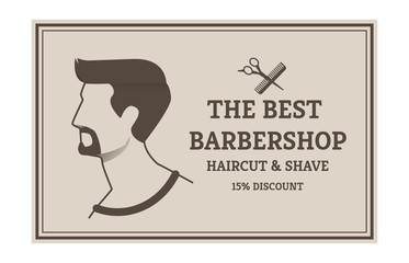 Information Banner the Best Barbershop Cartoon. Advertising Flyer Haircut Shave 15 Percent Discont. Portrait Man with Beard in Profile in Frame. Coupon for Hairdresser. Vector Illustration.