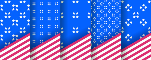 Set of seamless patterns with stars, in the colors of the american flag. Used as USA banners, invitations for design of Independence Day, BBQ parties, sports uniforms, packaging. Vector background. 