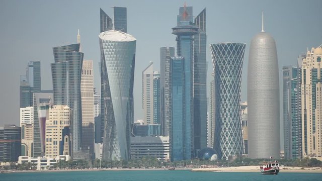 Panoramic view of modern skyline of Doha. Qatar on sunny day