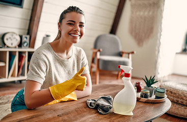 Beautiful young woman makes cleaning the house. Girl rubs dust. Woman in protective gloves is...