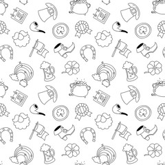  St. Patrick's Day background. Black-n-white seamless doodle pattern of St. Patrick's Day symbols. Illustration in flat style. Vector 8 EPS.