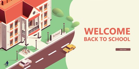 Landing Web Page Template Back to School Concept. Website, Banner with Educational Building and Street Landscape. Bicycles in Parking, Cars Driving Asphalt Road, Person Goes with Briefcase