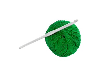 Crochet hook and Ball of wool yarn.