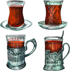 Colorful Hand drawn sketch set of tea glasses. Two national pear like glasses used in Azerbaijan culture and two glasses in a tea glass holder. 