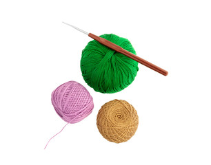 Crochet hook and Ball of wool yarn.