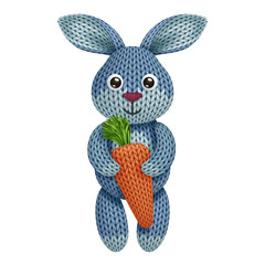 Illustration of a funny knitted rabbit toy with carrot. On white background